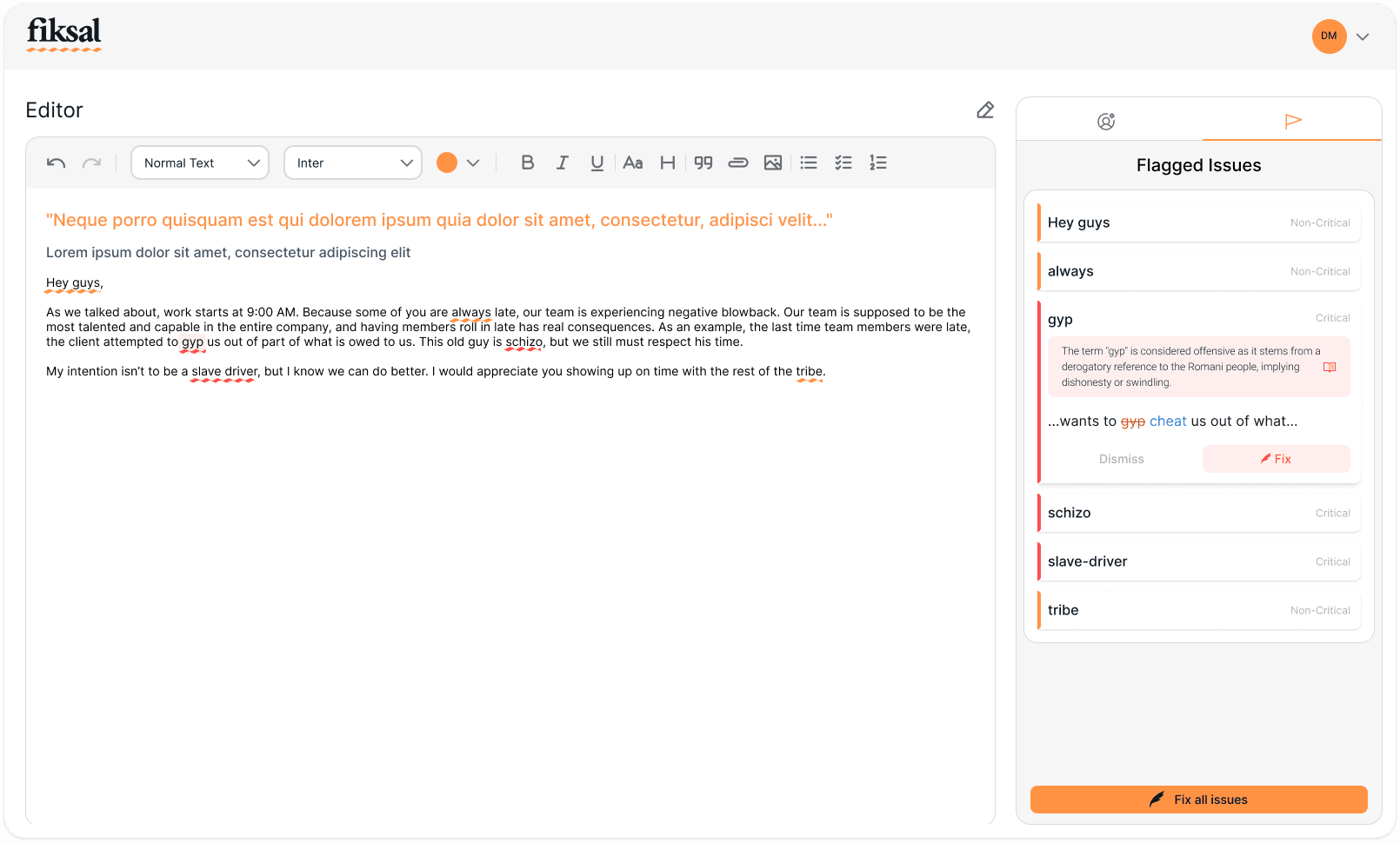 Fiksal AI editor with suggestions